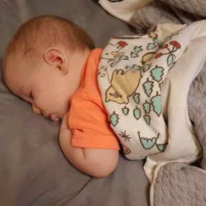 Baby snuggled up in Shared Canada Creatures blanket